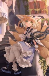 Rule 34 | 1girl, absurdres, animal ears, arknights, bare shoulders, blue hairband, boots, city, commentary request, day, dress, fox ears, fox girl, fox tail, frilled dress, frills, green eyes, hair rings, hairband, highres, holding, holding staff, kitsune, kyuubi, light brown hair, material growth, multicolored hair, multiple tails, off-shoulder dress, off shoulder, oripathy lesion (arknights), outdoors, pantyhose, rui (rei leyi), shirt, short sleeves, sitting, solo, staff, stairs, suzuran (arknights), tail, white hair, white pantyhose, white shirt, wristband