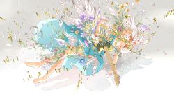 Rule 34 | 1girl, abstract, arakawa (aintnoroom), blonde hair, blue dress, breaking, dress, falling, feathers, flower, gem, gradient background, grey background, guitar, highres, instrument, jewelry, original, planet, plant, ring, shadow, simple background, solo, vines, white background