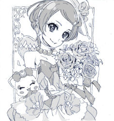 Rule 34 | 1girl, davi (dokidoki! precure), dokidoki! precure, dress, flower, greyscale, hat, headset, idol, jewelry, kenzaki makoto, looking at viewer, microphone, monochrome, necklace, nobita (makoto7060355), outstretched hand, pearl necklace, precure, ribbon, rose, short hair, smile, solo, traditional media