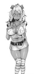 Rule 34 | 1girl, absurdres, areola slip, bare shoulders, blush, breasts, cleavage, curvy, dark skin, digi (index girls), gyaru, hand on own chest, highres, index acg, large breasts, lips, long hair, looking to the side, miniskirt, momofuki rio, monochrome, navel, no bra, original, ponytail, shiny clothes, shiny skin, side ponytail, simple background, skirt, smile, standing, striped, thighs, upper body, white background, wide hips