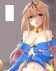 Rule 34 | 1girl, absurdres, alternate costume, bare shoulders, blonde hair, blush stickers, breasts, clothes lift, collarbone, cosplay, dark magician girl, dark magician girl (cosplay), detached collar, detached sleeves, duel monster, elbow gloves, fingerless gloves, gloves, gradient hair, hair flaps, hair ornament, hair ribbon, hairclip, highres, kantai collection, large breasts, looking at viewer, multicolored hair, navel, no headwear, open mouth, red eyes, red hair, ribbon, saku (kudrove), shaded face, skirt, skirt lift, solo, staff, triangle mouth, upper body, yu-gi-oh!, yuudachi (kancolle)