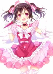 Rule 34 | 10s, 1girl, :d, black hair, blush, bow, choker, dress, earrings, gloves, hair bow, idol, jewelry, looking at viewer, love live!, love live! school idol festival, love live! school idol project, m/, microphone, open mouth, pink dress, pink eyes, red dress, sakura hiyori, short hair, simple background, smile, solo, striped clothes, striped thighhighs, thighhighs, twintails, vertical-striped clothes, vertical-striped thighhighs, white background, white gloves, wings, yazawa nico