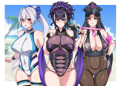 Rule 34 | 3girls, armlet, bare shoulders, beach, bikini, black bikini, black gloves, black hair, black headwear, black legwear, black one-piece swimsuit, blue bow, blue one-piece swimsuit, blue sky, blush, bow, breasts, cleavage, competition swimsuit, covered navel, facial mark, fate/grand order, fate (series), fingerless gloves, flower, forehead mark, gloves, gold trim, grin, hair between eyes, hair bow, hair flower, hair ornament, hair up, half gloves, halterneck, hat, highleg, highleg swimsuit, highres, large breasts, long hair, looking at viewer, multicolored hair, multiple girls, murasaki shikibu (fate), murasaki shikibu (swimsuit rider) (fate), muta poo, necktie, one-piece swimsuit, open mouth, pantyhose, parted bangs, pink hair, pink neckwear, police hat, ponytail, purple eyes, purple hair, red eyes, sessyoin kiara, sessyoin kiara (swimsuit mooncancer), silver hair, sky, smile, streaked hair, swimsuit, thigh strap, thighs, tomoe gozen (fate), tomoe gozen (swimsuit saber) (fate), traffic baton, two-tone swimsuit, very long hair, white one-piece swimsuit, yellow eyes