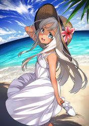 Rule 34 | 10s, 1girl, :d, arm behind back, arm behind head, arm up, bare arms, bare shoulders, beach, blonde hair, blue eyes, blue sky, blush, bright pupils, cloud, day, dress, fisheye, floating hair, flower, from side, hat, hat flower, hat ribbon, holding, holding clothes, holding hat, holding shoes, horizon, kantai collection, long hair, looking at viewer, looking back, ocean, open mouth, outdoors, ribbon, ro-500 (kancolle), shoes, unworn shoes, sky, sleeveless, sleeveless dress, smile, solo, spaghetti strap, straw hat, sun hat, sundress, sunlight, tan, tanline, tree shade, unowen, water, white dress