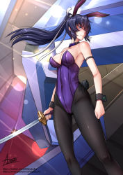 Rule 34 | 1girl, adsouto, animal ears, armlet, arms at sides, blue hair, bow, bowtie, breasts, detached collar, fake animal ears, hair ribbon, highres, holding, holding sword, holding weapon, katana, leotard, long hair, looking to the side, mecha, medium breasts, mitsurugi meiya, muv-luv, muv-luv alternative, pantyhose, playboy bunny, ponytail, rabbit ears, ribbon, robot, signature, solo, standing, sword, weapon, wrist cuffs