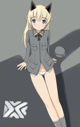 Rule 34 | 1girl, animal ears, blonde hair, blue eyes, cat ears, garrison cap, hat, helma lennartz, highres, kuuro kuro, long hair, looking up, military, military uniform, panties, simple background, sitting, smile, solo, strike witches, strike witches: suomus misfits squadron, underwear, unworn hat, unworn headwear, white panties, world witches series