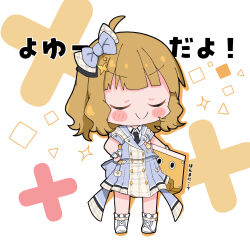 Rule 34 | 1girl, absurdres, ahoge, black necktie, blue bow, blue jacket, blue skirt, blush stickers, bow, brown hair, checkered clothes, chibi, closed eyes, commentary, flat chest, full body, future signature (idolmaster), hair bow, hair ornament, hand on own hip, highres, holding, idolmaster, idolmaster million live!, idolmaster million live! theater days, jacket, medium hair, necktie, nyan guru, official alternate costume, shirt, short sleeves, sidelocks, skirt, smile, smug, solo, sparkle, standing, star (symbol), star hair ornament, stool, suou momoko, translation request, v-shaped eyebrows, wavy hair, white background, white footwear, white shirt, wrist cuffs