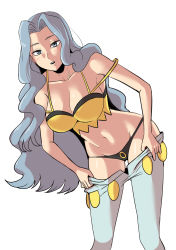 Rule 34 | 1girl, absurdres, black panties, blush, breasts, cleavage, clothes pull, collarbone, commentary, creatures (company), game freak, grey eyes, grey hair, highres, karen (pokemon), leaning forward, long hair, looking at viewer, navel, nintendo, open mouth, panties, pants, pants pull, pokemon, pokemon hgss, pulling own clothes, shiny skin, shirt, simple background, solo, teeth, underwear, undressing, upper teeth only, vmfhaldnjfem, white background, yellow shirt