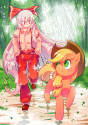 Rule 34 | 1girl, applejack, blonde hair, blush, bow, collared shirt, cowboy hat, crossover, forest, freckles, fujiwara no mokou, green eyes, hair bow, hands in pockets, hat, highres, large bow, long hair, my little pony, my little pony: friendship is magic, nature, pants, red eyes, shirt, sidelocks, silver hair, smile, sunlight, touhou, very long hair, xin yu hua yin