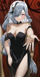Rule 34 | 1girl, alternate costume, black dress, blue eyes, blue nails, braid, breasts, cleavage, closed mouth, detached collar, dress, earrings, genshin impact, hair ornament, hair over one eye, highres, jewelry, large breasts, long hair, looking at viewer, low-braided long hair, low-tied long hair, nail polish, off-shoulder dress, off shoulder, reaching, reaching towards viewer, ring, shenhe (genshin impact), shiben (ugvu5784), side slit, silver hair, smile, solo, wedding band