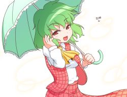 Rule 34 | 1girl, :d, arrow (symbol), ascot, clothes lift, collared shirt, commentary request, floating hair, green hair, half-closed eyes, hand on own head, hand to own head, hands up, holding, holding umbrella, kazami yuuka, long sleeves, looking at viewer, open clothes, open mouth, open vest, parasol, plaid, plaid skirt, plaid vest, red eyes, red skirt, red vest, shirt, short hair, skirt, skirt lift, skirt set, smile, solo, standing, touhou, translated, umbrella, unachika, upper body, vest, white shirt, wind, wind lift, yellow ascot