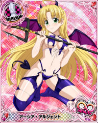 Rule 34 | 1girl, ahoge, asia argento, bare shoulders, bishop (chess), blonde hair, blunt bangs, blunt ends, blush, breasts, card (medium), chess piece, cleavage, demon horns, demon tail, demon wings, eyes visible through hair, fake horns, green eyes, heart, high school dxd, high school dxd infinity, holding, holding weapon, horns, long hair, looking at viewer, medium breasts, navel, o-ring, official art, polearm, simple background, smile, solo, stomach, tail, thighhighs, torn clothes, trident, weapon, wings
