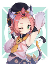 Rule 34 | 1girl, animal ear fluff, animal ears, arm up, armpits, bell, blush, cabbie hat, cat ears, cat tail, child, detached sleeves, diona (genshin impact), genshin impact, green eyes, hat, highres, looking at viewer, navel, one eye closed, opuli, pink hair, short hair, shorts, sleeveless, solo, tail