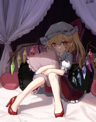 Rule 34 | 1girl, ai-assisted, alternate footwear, asymmetrical wings, bed, blonde hair, bloomers, bow, canopy bed, crystal, curtains, flandre scarlet, frilled skirt, frills, full body, glowing, glowing eyes, hair bow, hat, heart, heart-shaped pillow, high heels, highres, looking at viewer, mob cap, no pupils, hugging object, one side up, pillow, pillow hug, pumps, red eyes, red footwear, red skirt, ribbon-trimmed headwear, ribbon trim, shadow, short hair, short sleeves, sitting, skirt, solo, touhou, underwear, wings, zakozako y