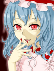 Rule 34 | 1girl, aura, blood on hands, blue hair, dress, highres, licking, licking finger, looking at viewer, open mouth, red background, red eyes, remilia scarlet, short hair, short sleeves, slit pupils, solo, touhou, upper body, yuukyan (ucan85)