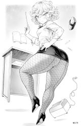 Rule 34 | 1girl, ass, blush, breasts, curly hair, fishnet pantyhose, fishnets, floating, floating object, greyscale, hand on own hip, high heels, highres, huge ass, knee up, long sleeves, looking at viewer, looking back, miniskirt, mogudan, monochrome, one-punch man, pantyhose, pencil skirt, shirt, short hair, skirt, small breasts, tatsumaki, thick thighs, thighs, thong, wide hips