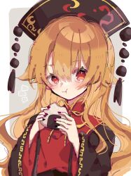Rule 34 | 1girl, belt, black belt, black dress, black hat, blush, border, bow, bowtie, chinese clothes, closed mouth, commentary, crescent, crescent print, dress, eating, fingernails, food, grey background, hair between eyes, hat, highres, holding, holding food, junko (touhou), long fingernails, long hair, long sleeves, looking to the side, mandarin collar, nail polish, onigiri, orange hair, outside border, phoenix crown, pom pom (clothes), purple nails, red eyes, red tabard, roamu 65, simple background, smile, solo, symbol-only commentary, tabard, touhou, upper body, wavy hair, white border, wide sleeves, yellow bow, yellow bowtie