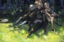 Rule 34 | 1girl, 2boys, artist name, bandaged arm, bandages, black footwear, blue eyes, braid, breasts, chain, cleavage, closed eyes, closed mouth, collarbone, emil (nier), eyes visible through hair, floral print, flower, full body, fur trim, grass, green scarf, grey eyes, hair between eyes, hair flower, hair ornament, hand on own knee, high heels, highres, kaine (nier), lingerie, lunar tear, multiple boys, negligee, nier, nier (series), nier (young), ninomae ina&#039;nis (artist), open mouth, parted lips, plant, rock, scarf, sitting, smile, teeth, thigh strap, tree, underwear, white flower, white hair
