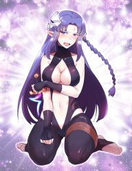 Rule 34 | 1girl, alternate costume, anger vein, bare shoulders, black gloves, black leggings, black leotard, blue eyes, blue hair, blush, braid, breasts, center opening, cleavage, cosplay, embarrassed, fate/prototype, fate/prototype: fragments of blue and silver, fate/stay night, fate (series), fingerless gloves, gloves, hassan of serenity (fate), hassan of serenity (fate) (cosplay), holding, holding knife, knife, large breasts, leggings, leotard, long hair, mask, matsumoto tomoyohi, medea (fate), navel, open mouth, pointy ears, rulebreaker, seiza, side braid, sitting, skull mask, solo