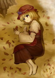 Rule 34 | 1girl, aki minoriko, autumn, barefoot, blonde hair, blue door, brown eyes, clothes, dated, dirt, dust, embellished costume, face, feet, female focus, food, frills, fruit, grapes, hat, leaf, lying, open mouth, short hair, solo, touhou, tree