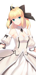 Rule 34 | 1girl, ahoge, artoria pendragon (all), artoria pendragon (fate), black ribbon, blonde hair, breasts, choker, cleavage, dress, fate/unlimited codes, fate (series), green eyes, hair ribbon, head tilt, long hair, medium breasts, ponytail, ribbon, saber lily, simple background, sleeveless, sleeveless dress, smile, solo, standing, strapless, strapless dress, white background, white dress, yaho (yaho0211)