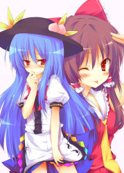 Rule 34 | 2girls, :p, bad id, bad pixiv id, blue hair, bow, brown hair, clothes lift, embarrassed, female focus, food, fruit, hair bow, hakurei reimu, hand to own mouth, hat, hinanawi tenshi, huei nazuki, long hair, multiple girls, one eye closed, peach, red eyes, salute, skirt, skirt lift, tongue, tongue out, touhou, white background, wink