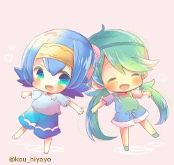 Rule 34 | 2girls, :d, ^ ^, ahoge, blue eyes, blue hair, blue shorts, blush, chibi, closed eyes, creatures (company), game freak, green footwear, green hair, hairband, heart, kou hiyoyo, lana (pokemon), long hair, low twintails, lowres, mallow (pokemon), multiple girls, nintendo, open mouth, outstretched arms, overall shorts, overall skirt, overalls, pokemon, pokemon sm, sandals, shirt, short shorts, short sleeves, shorts, smile, spread arms, standing, standing on one leg, twintails, twitter username, very long hair, white shirt
