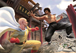 Rule 34 | 2boys, 3d, bald, belt, black hair, black pants, blonde hair, bruce lee, cape, crossover, fighting, gloves, highres, looking at another, multiple boys, one-punch man, pants, real life, realistic, red gloves, saitama (one-punch man), short hair, tanky, topless male, white cape