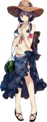 Rule 34 | 10s, 1girl, bikini, black hair, food, fruit, full body, hat, kantai collection, kujou ichiso, official art, red eyes, sarong, solo, sun hat, swimsuit, taigei (kancolle), transparent background, watermelon