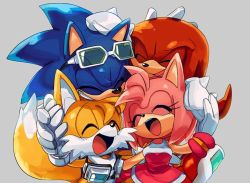 Rule 34 | 1girl, 3boys, amy rose, closed eyes, eyewear on head, friends, goggles, goggles around neck, group hug, hand on another&#039;s head, happy, hug, knuckles the echidna, laughing, lowres, multiple boys, open mouth, sega, smile, sonic (series), sonic riders, sonic the hedgehog, sunglasses, tails (sonic)