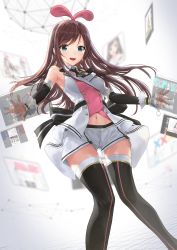 Rule 34 | 1girl, :d, bangosu, black neckwear, black thighhighs, blonde hair, blue eyes, blurry, breasts, brown hair, buttons, detached collar, detached sleeves, double-breasted, feet out of frame, hairband, highres, jacket, kizuna ai, kizuna ai (elegant), kizuna ai inc., long hair, looking at viewer, medium breasts, multicolored hair, navel, open mouth, pink hair, screen, shorts, smile, solo, standing, streaked hair, teeth, thighhighs, upper teeth only, virtual youtuber, white shorts, wing collar, youtube