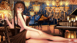 Rule 34 | 1girl, ahoge, alternate costume, anti-materiel rifle, ass, backless dress, backless outfit, bare shoulders, barefoot, black panties, blunt bangs, blush, bolt-action rifle, bolt action, breasts, brown hair, bullpup, candlestand, champagne flute, closed mouth, cup, dress, drinking glass, dsr-50, dsr-50 (girls&#039; frontline), embarrassed, evening gown, from side, girls&#039; frontline, gudadan, gun, highres, holding, holding cup, indoors, jewelry, large breasts, leaning to the side, long hair, looking at viewer, necklace, panties, red eyes, rifle, sidelocks, sitting, sniper rifle, soles, solo, thighs, underwear, very long hair, weapon