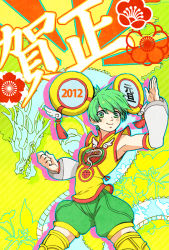 Rule 34 | 10s, 2012, chinese clothes, detached sleeves, dragon, dragon kid, fighting stance, green eyes, green hair, mochizuki anko, new year, short hair, shorts, smile, solo, superhero costume, thighhighs, tiger &amp; bunny