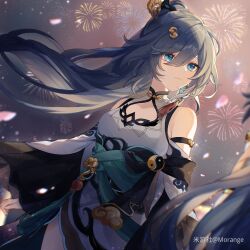 Rule 34 | 1girl, artist name, bare shoulders, bird hair ornament, blue eyes, blue hair, cherry blossoms, china dress, chinese clothes, chinese commentary, cleavage cutout, closed mouth, clothing cutout, detached sleeves, dress, earrings, fireworks, flower, fu hua, fu hua (azure empyrea), grey hair, hair ornament, hair over one eye, hairpin, hanfu, high ponytail, highres, honkai (series), honkai impact 3rd, jewelry, light smile, long hair, morange, night, paintbrush, paintbrush hair ornament, pink flower, pleated sleeves, ponytail, shoulder cutout, single earring, solo, tassel, tassel earrings, upper body, very long hair, white dress, wide sleeves, yin yang