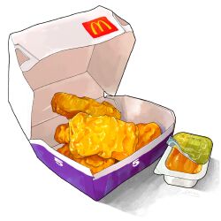Rule 34 | box, chicken (food), chicken nuggets, commentary, fast food, food, food focus, highres, logo, mcdonald&#039;s, miri illust, no humans, original, sauce, sauce packet, white background