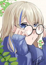 1girl absurdres alternate_costume blonde_hair blue_eyes blue_hair blue_sweater blush earrings highres honkai:_star_rail honkai_(series) jewelry kurosyai_7 long_hair long_sleeves looking_at_viewer multicolored_hair plant pout round_eyewear serval_landau signature streaked_hair sweater vines