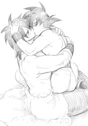 Rule 34 | 2boys, abs, ass, blush, broly (dragon ball super), couple, dragon ball, dragon ball super, dragon ball super broly, from side, greyscale, hand in own hair, highres, hug, kiss, kkkkkirrier, male focus, monochrome, multiple boys, muscular, muscular male, short hair, sitting, sitting on lap, sitting on person, son goku, spiked hair, stomach, toned, toned male, topless male, yaoi