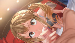 Rule 34 | 1boy, 1girl, all fours, bang dream!, blonde hair, brown eyes, censored, commission, cum, cum in mouth, fellatio, hetero, highres, ichigaya arisa, mosaic censoring, one-piece swimsuit, oral, penis, pixiv commission, pov, q (ed69), swimsuit, twintails