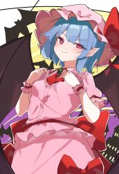 Rule 34 | 1girl, absurdres, ascot, bat (animal), bat wings, blue hair, blush, bow, breasts, brooch, closed mouth, cowboy shot, dress, fang, fang out, frilled shirt collar, frills, from below, hands up, hat, hat bow, highres, jewelry, kurowa (curowa), looking at viewer, mob cap, pink dress, pink hat, pink shirt, pink skirt, pointy ears, purple eyes, red ascot, red bow, remilia scarlet, scarlet devil mansion, shirt, short hair, short sleeves, skirt, skirt set, small breasts, smile, smug, solo, touhou, v-shaped eyebrows, wings, wrist cuffs