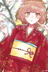 Rule 34 | 1girl, animal, animal on shoulder, bird, blurry, bob cut, branch, chick, collarbone, depth of field, dutch angle, finger to face, floral print, gradient eyes, highres, index finger raised, japanese clothes, kimono, kyota07, light blush, light brown hair, long sleeves, looking at viewer, multicolored eyes, new year, obi, obijime, orange eyes, original, outdoors, parted lips, pink ribbon, pixiv username, print kimono, red kimono, ribbon, sash, short hair, solo, wide sleeves, yellow eyes, yellow sash