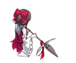 Rule 34 | 1girl, back, bow, brown eyes, brown hair, collared shirt, cropped torso, cyczen, detached sleeves, from above, from behind, hair bow, hair tubes, hakurei reimu, half updo, highres, holding, holding spear, holding weapon, polearm, red bow, red ribbon, red shirt, red skirt, ribbon, ribbon-trimmed sleeves, ribbon trim, shirt, simple background, skirt, skirt set, sleeveless, sleeveless shirt, solo, spear, touhou, two-handed, weapon, white background, wide sleeves, yellow eyes