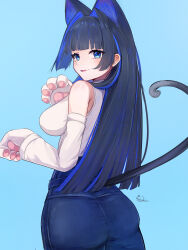 Rule 34 | 1girl, absurdres, animal hands, ass, blue eyes, blue hair, blue pants, blunt bangs, blunt ends, breasts, cat girl, cat paws, cat tail, colored inner hair, commentary, denim, detached sleeves, english commentary, fang, from behind, hair intakes, high-waist pants, highres, hime cut, hololive, hololive english, jeans, knees out of frame, large breasts, long hair, looking at viewer, multicolored hair, official alternate costume, official alternate hairstyle, ouro kronii, ouro kronii (casual), pants, psypolo d, shirt, sidelocks, skin fang, sleeveless, sleeveless turtleneck, smile, solo, tail, turtleneck, virtual youtuber, white shirt