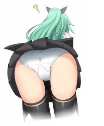 Rule 34 | 10s, 1girl, ?, ass, back, bent over, green hair, hair ribbon, highres, kantai collection, long hair, nedia (nedia region), panties, ribbon, sailor collar, skirt, solo, thighhighs, underwear, white background, white panties, yamakaze (kancolle)