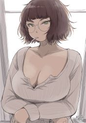 Rule 34 | 1girl, backlighting, blunt bangs, breasts, brown hair, cigarette, cleavage, crossed arms, freckles, glasses, green eyes, hadashi no kenji, highres, large breasts, looking at viewer, messy hair, mouth hold, original, plunging neckline, ribbed sweater, rimless eyewear, round eyewear, short hair, smoking, solo, sweater, tsurime, unbuttoned