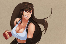 Rule 34 | 1990s (style), 1girl, bad deviantart id, bad id, bankage, black hair, breasts, brown eyes, cleavage, clenched hand, elbow gloves, fang, female focus, final fantasy, final fantasy vii, fingerless gloves, gloves, large breasts, lips, long hair, low-tied long hair, midriff, navel, pencil skirt, retro artstyle, simple background, skirt, solo, square enix, suspenders, teeth, tifa lockhart