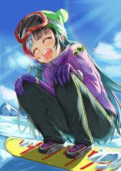 Rule 34 | 1girl, contemporary, fate/grand order, fate (series), gloves, goggles, goggles on head, inugami86, knit hat, laughing, lens flare, long hair, multicolored hair, purple gloves, sei shounagon (fate), snow, snowboard, squatting, visible air, winter clothes
