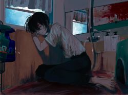 Rule 34 | 1boy, androgynous, barefoot, bathroom, black hair, black pants, blood, blood on clothes, blood on face, blood on ground, full body, highres, indoors, keo (oketa99), male focus, mirror, on floor, original, pants, school uniform, shirt, short hair, short sleeves, soap bottle, solo, toes, white shirt