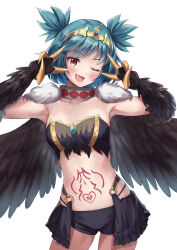 Rule 34 | 1girl, ;d, absurdres, aqua hair, armpits, arms up, bandeau, black feathers, black shorts, breasts, claws, collar, cowboy shot, fang, feathered wings, feathers, harpy, highres, indie virtual youtuber, lincoro, looking at viewer, midriff, monster girl, navel, one eye closed, open mouth, red eyes, sahara1127, short hair, short shorts, short twintails, shorts, simple background, small breasts, smile, solo, stomach, stomach tattoo, strapless, tattoo, tiara, tube top, twintails, virtual youtuber, white background, wings
