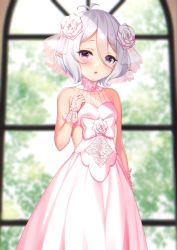 Rule 34 | 1girl, :o, antenna hair, ayase-mio, bare shoulders, blurry, blurry background, blush, breasts, bridal gauntlets, bride, collarbone, commentary request, depth of field, dress, eyes visible through hair, flower, grey hair, hair between eyes, hair flower, hair ornament, hand up, highres, kokkoro (princess connect!), looking at viewer, parted lips, pink dress, pink flower, pink rose, pointy ears, princess connect!, red eyes, rose, see-through, short hair, sleeveless, sleeveless dress, small breasts, solo, standing, wedding dress, window