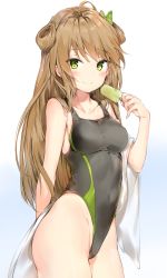 Rule 34 | 1girl, ahoge, ass, blush, breasts, brown hair, cameltoe, closed mouth, collarbone, competition swimsuit, covered navel, cowboy shot, food, girls&#039; frontline, green eyes, hair between eyes, hair rings, hand up, highleg, highleg swimsuit, highres, hip focus, holding, holding food, long hair, looking at viewer, medium breasts, off shoulder, one-piece swimsuit, popsicle, rfb (girls&#039; frontline), silver (chenwen), simple background, smile, solo, swimsuit, thighs, two side up, white background